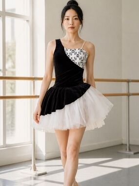 🖤 Luxury Asymmetrical Black Velvet Ballet Tulle  with Arm Puffs  & Rhinestones